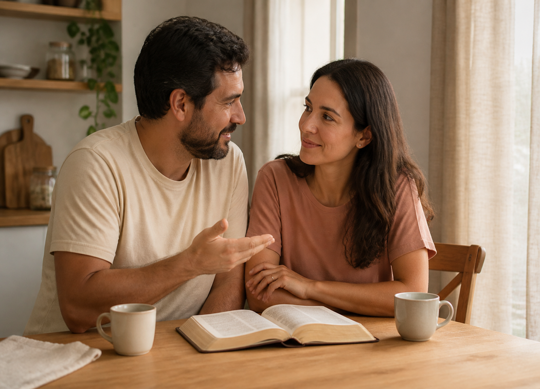 Casal conversando com leveza sobre a Bíblia